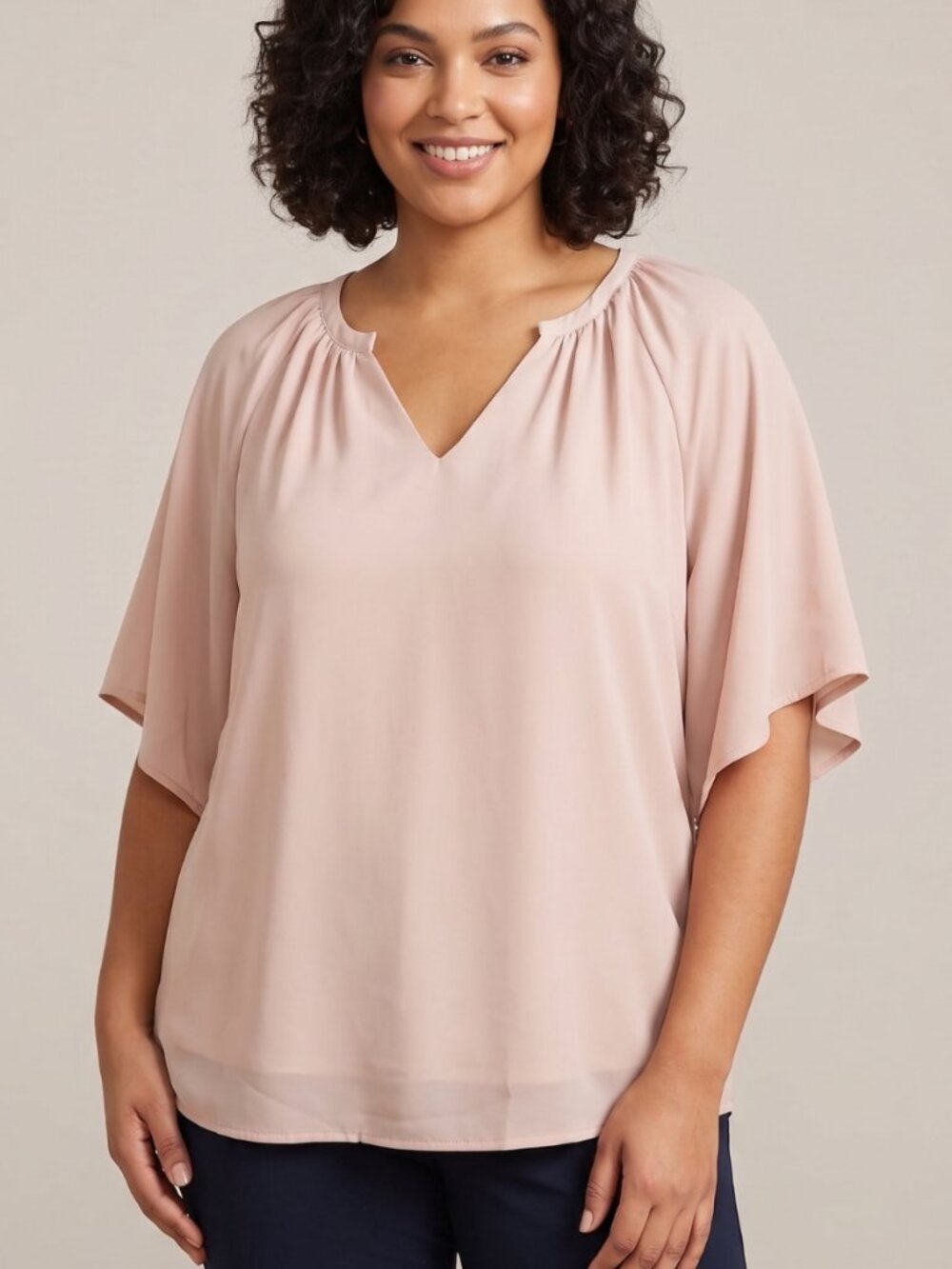 NWOT Blush Nude Chiffon Flutter Sleeve Split V-Neck Tunic Top Blouse Size XL
